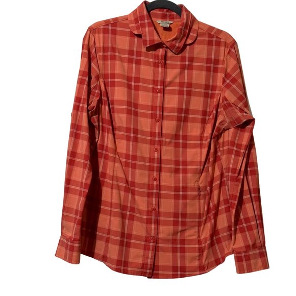 Duluth Trading Co women's size L orange pink plaid zip pockets nylon top - Picture 1 of 7